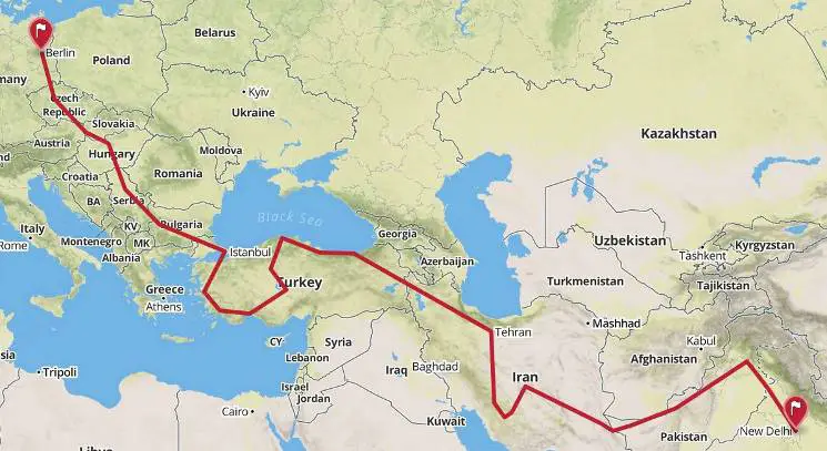 Route per Anhalter nach Indien